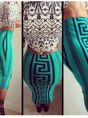 ASOS Teal Greek Key Print Pencil Skirt Bodycon Midi Stretch Size 8 M